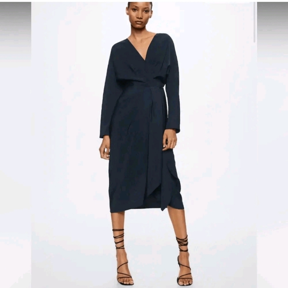 NWT Mango MNG Women's Wrapped midi dress Navy blue wrap collar tied Sz M $119
